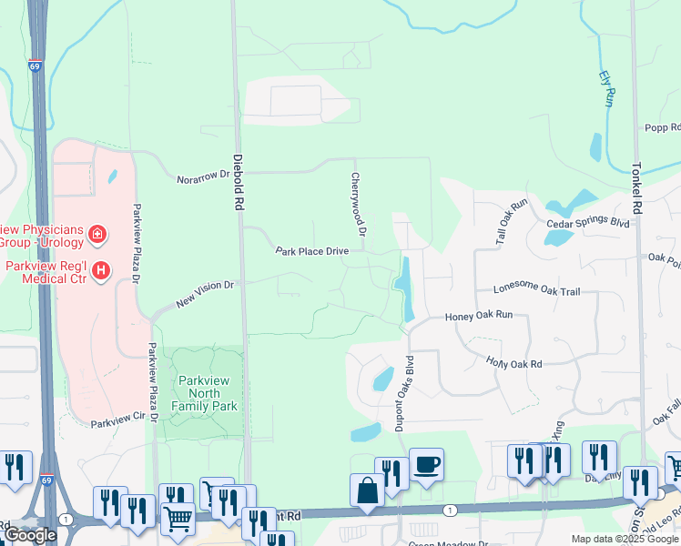 map of restaurants, bars, coffee shops, grocery stores, and more near 11275 Sportsman Park Lane in Fort Wayne