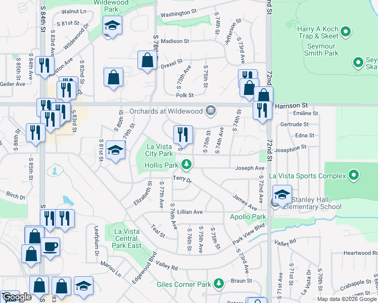 map of restaurants, bars, coffee shops, grocery stores, and more near 7319 South 75th Avenue in La Vista