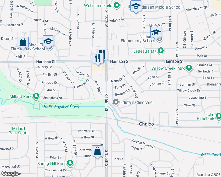 map of restaurants, bars, coffee shops, grocery stores, and more near 15553 Borman Street in Omaha