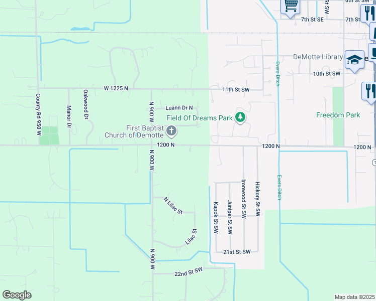 map of restaurants, bars, coffee shops, grocery stores, and more near 8821 1200 North in De Motte