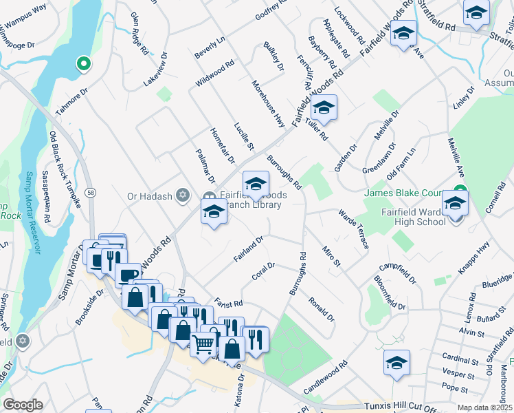 map of restaurants, bars, coffee shops, grocery stores, and more near 31 Palm Drive in Fairfield