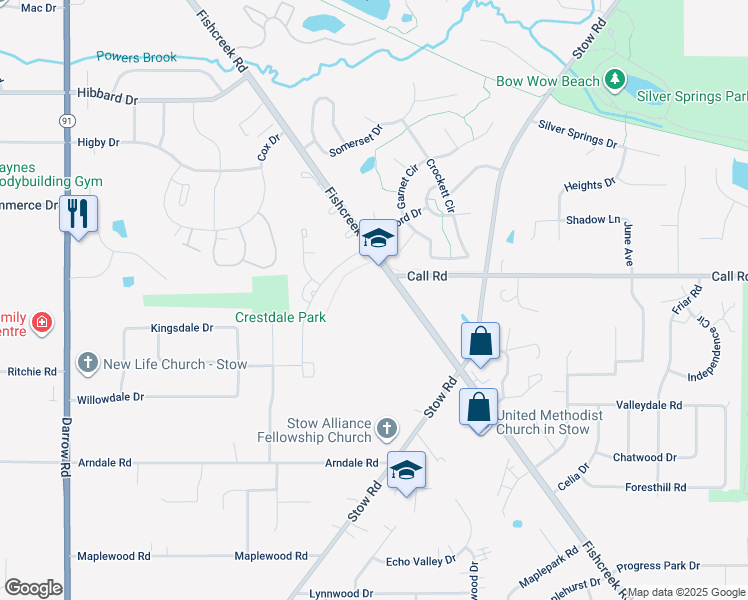 map of restaurants, bars, coffee shops, grocery stores, and more near 5080 Fishcreek Road in Stow