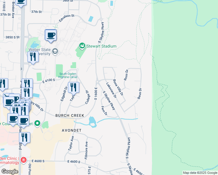 map of restaurants, bars, coffee shops, grocery stores, and more near 4112 Lakeview Drive in Ogden