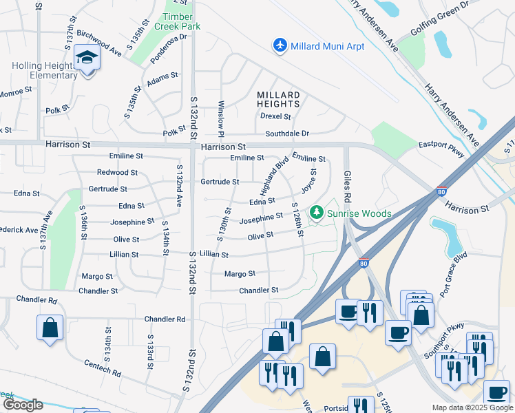 map of restaurants, bars, coffee shops, grocery stores, and more near 7116 Highland Boulevard in Omaha