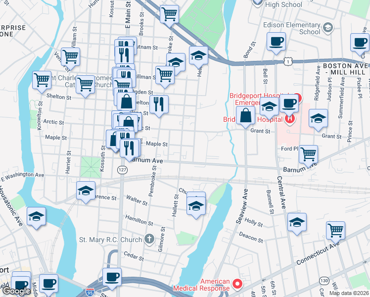 map of restaurants, bars, coffee shops, grocery stores, and more near 527 Hallett Street in Bridgeport