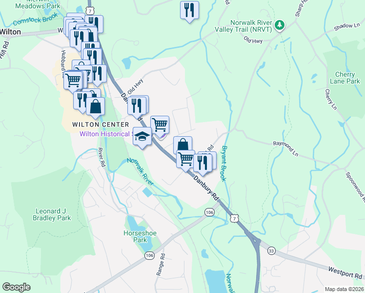 map of restaurants, bars, coffee shops, grocery stores, and more near 7 Deerfield Road in Wilton