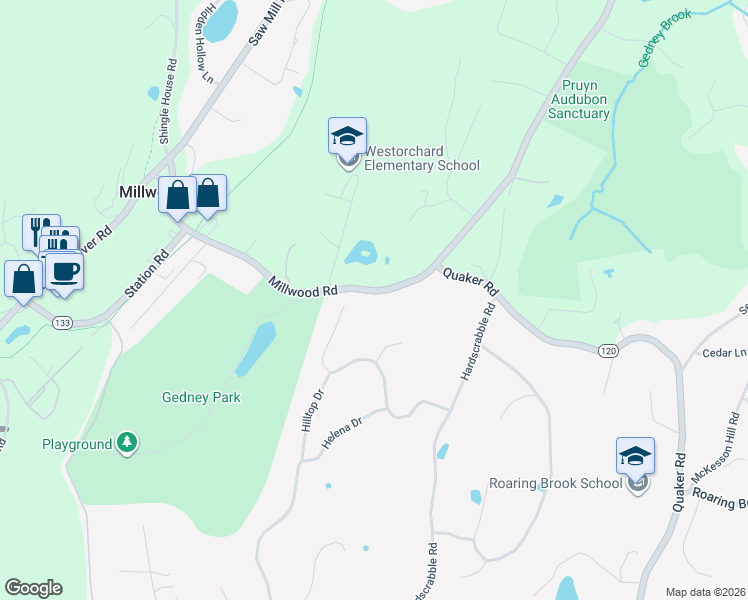 map of restaurants, bars, coffee shops, grocery stores, and more near 195 Millwood Road in Chappaqua
