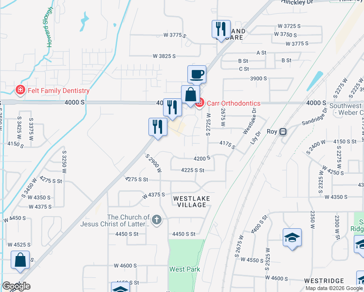 map of restaurants, bars, coffee shops, grocery stores, and more near 4084 Midland Drive in Roy