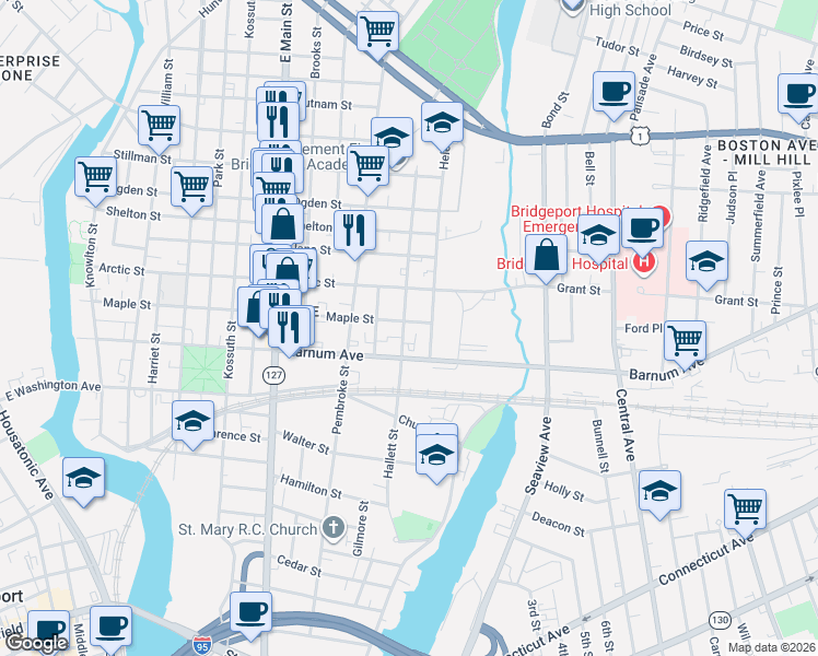 map of restaurants, bars, coffee shops, grocery stores, and more near 527 Hallett Street in Bridgeport