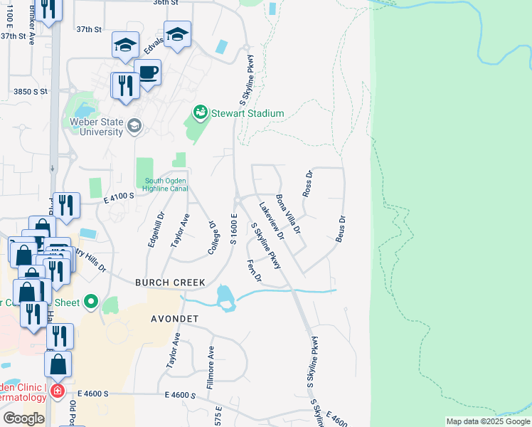 map of restaurants, bars, coffee shops, grocery stores, and more near 4112 Lakeview Drive in Ogden