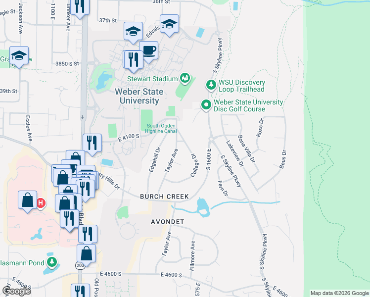 map of restaurants, bars, coffee shops, grocery stores, and more near 4107 East 4100 South in Ogden