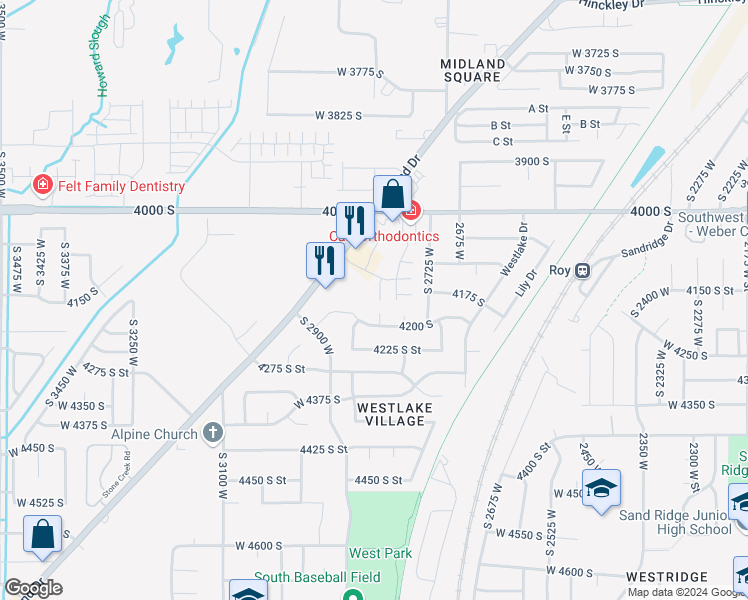 map of restaurants, bars, coffee shops, grocery stores, and more near 4084 Midland Drive in Roy
