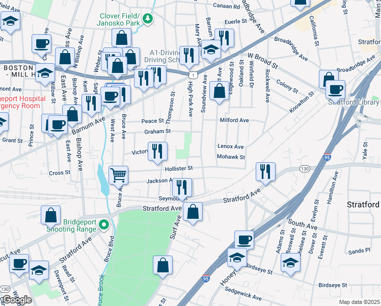 map of restaurants, bars, coffee shops, grocery stores, and more near 229 Soundview Avenue in Stratford