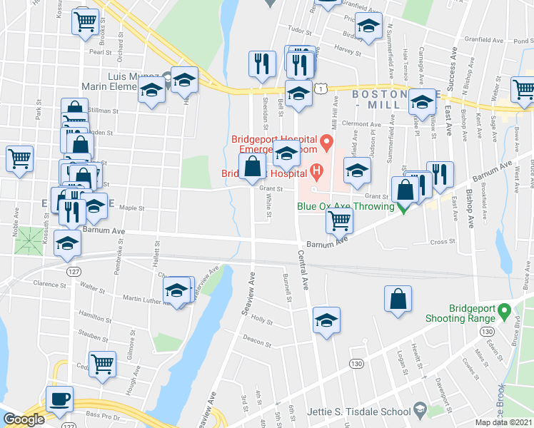 map of restaurants, bars, coffee shops, grocery stores, and more near 1880 Seaview Avenue in Bridgeport
