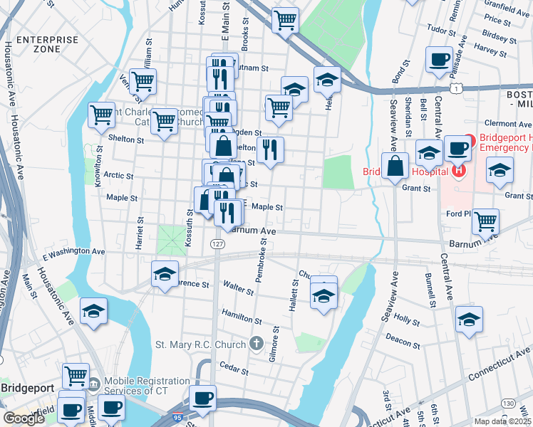 map of restaurants, bars, coffee shops, grocery stores, and more near 1048 Pembroke Street in Bridgeport
