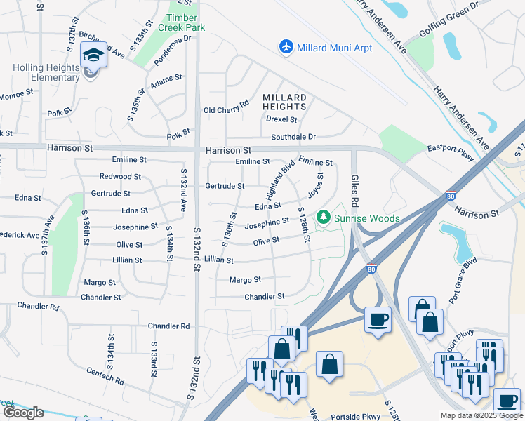 map of restaurants, bars, coffee shops, grocery stores, and more near 7116 Highland Boulevard in Omaha