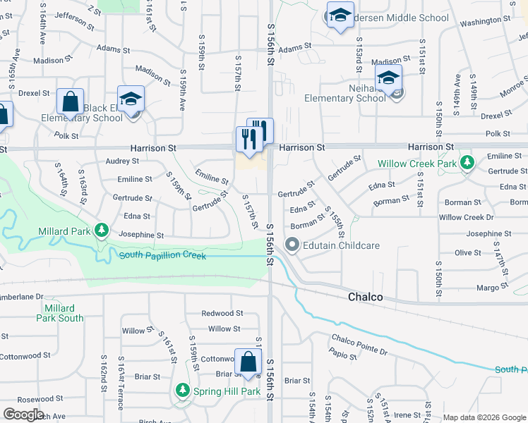 map of restaurants, bars, coffee shops, grocery stores, and more near 15605 Gertrude Street in Omaha