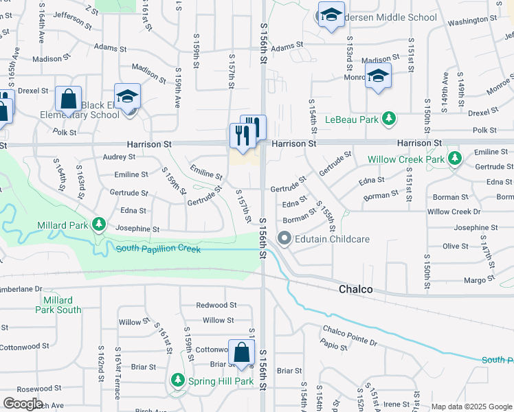 map of restaurants, bars, coffee shops, grocery stores, and more near 15605 Gertrude Street in Omaha