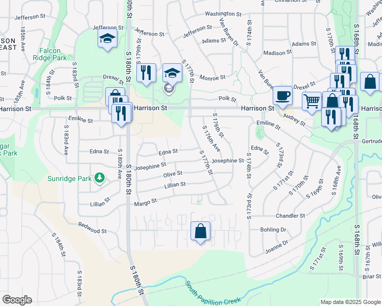 map of restaurants, bars, coffee shops, grocery stores, and more near 7111 177th Avenue Circle in Omaha