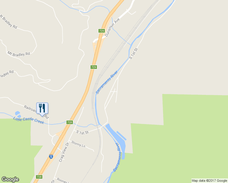 map of restaurants, bars, coffee shops, grocery stores, and more near Riverwood Park in Dunsmuir