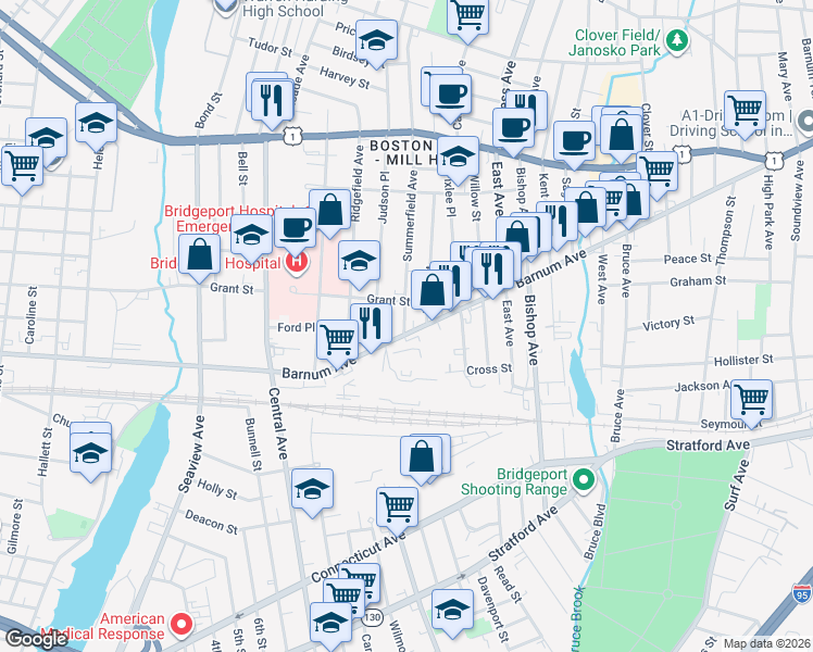 map of restaurants, bars, coffee shops, grocery stores, and more near 16 Summerfield Avenue in Bridgeport