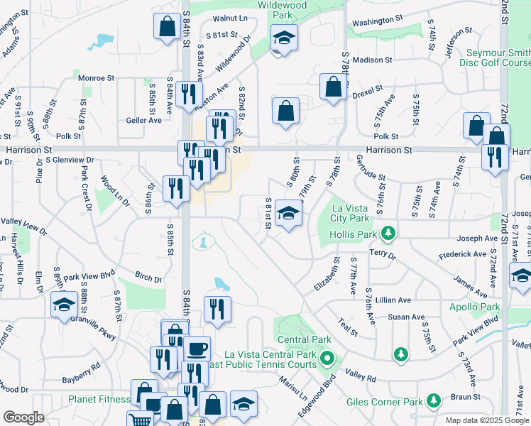 map of restaurants, bars, coffee shops, grocery stores, and more near 7204 South 81st Street in La Vista