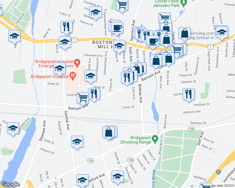 map of restaurants, bars, coffee shops, grocery stores, and more near 1651 Barnum Avenue in Bridgeport