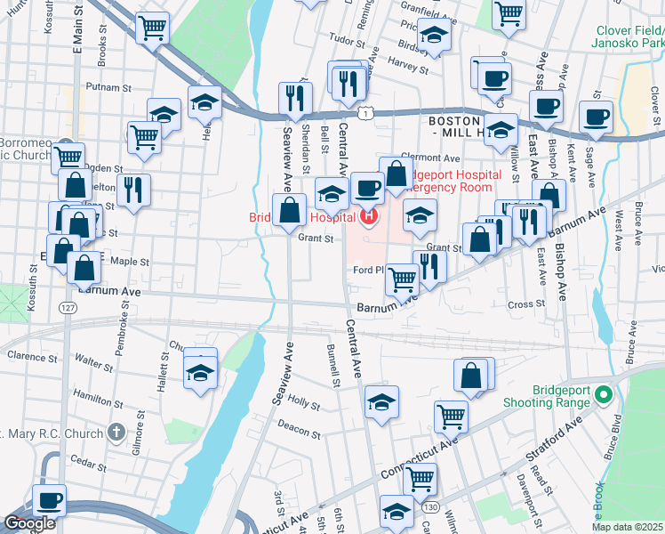 map of restaurants, bars, coffee shops, grocery stores, and more near 152 Grant Street in Bridgeport