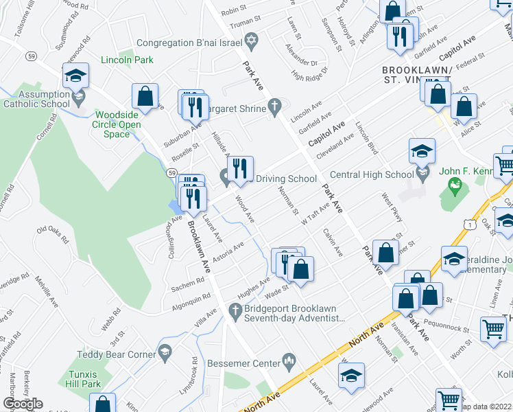 map of restaurants, bars, coffee shops, grocery stores, and more near 700 Cleveland Avenue in Bridgeport