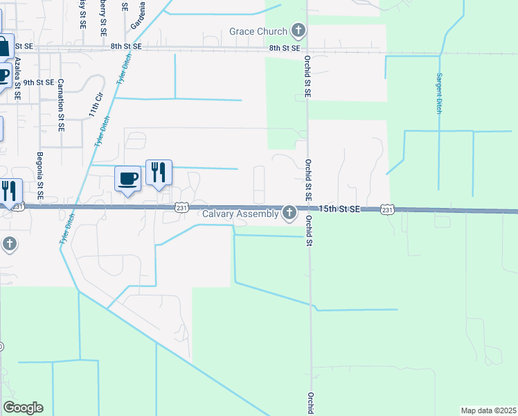map of restaurants, bars, coffee shops, grocery stores, and more near 421 Mallard Drive Southeast in De Motte