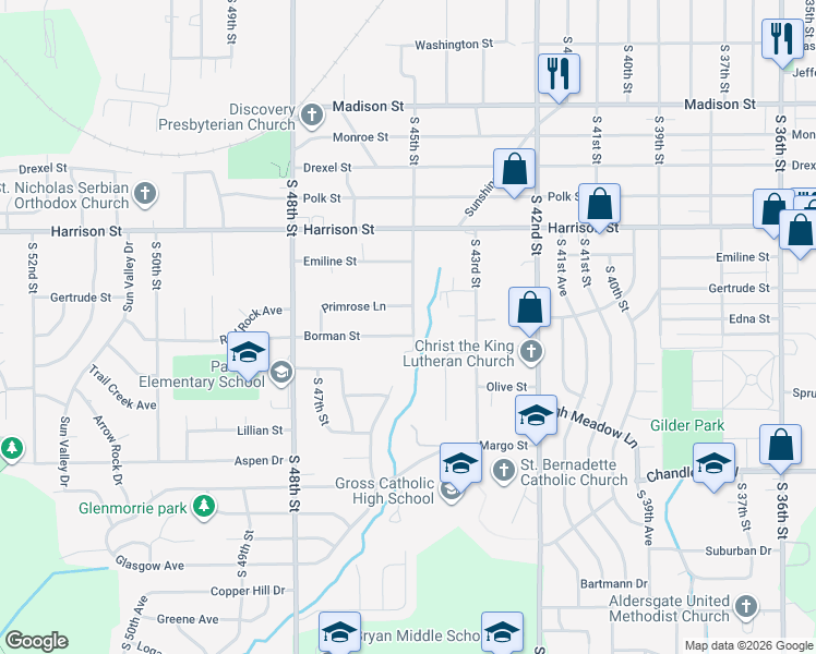 map of restaurants, bars, coffee shops, grocery stores, and more near 7103 South 45th Street in Omaha