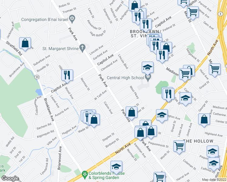 map of restaurants, bars, coffee shops, grocery stores, and more near 2140 Park Avenue in Bridgeport