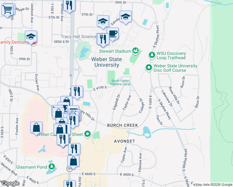 map of restaurants, bars, coffee shops, grocery stores, and more near 4097 Edgehill Drive in Ogden