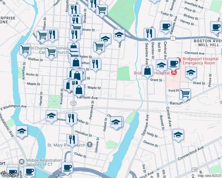 map of restaurants, bars, coffee shops, grocery stores, and more near 527 Hallett Street in Bridgeport