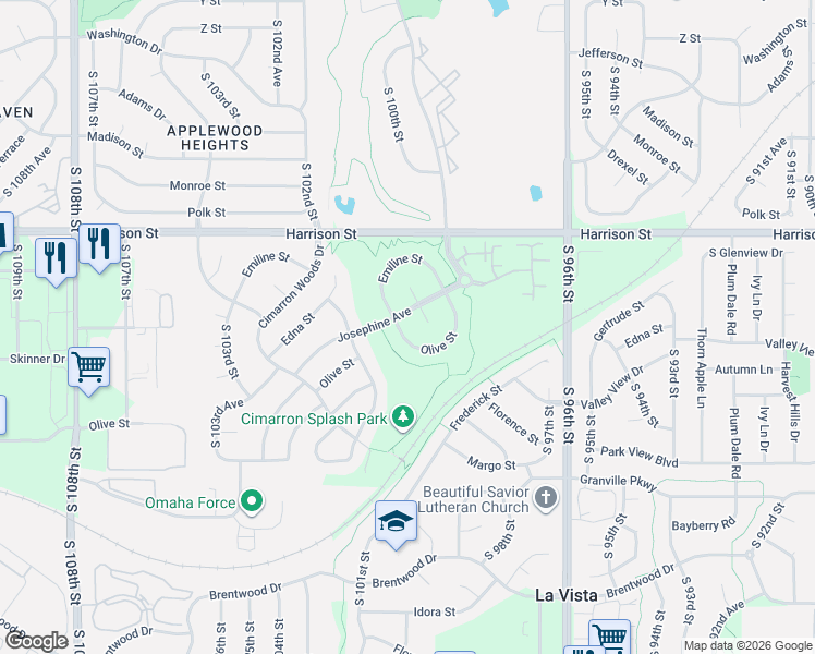 map of restaurants, bars, coffee shops, grocery stores, and more near 10052 Emiline Street in La Vista