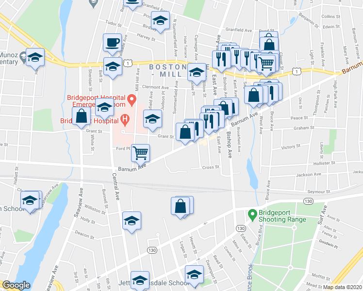 map of restaurants, bars, coffee shops, grocery stores, and more near 50 Prince Street in Bridgeport