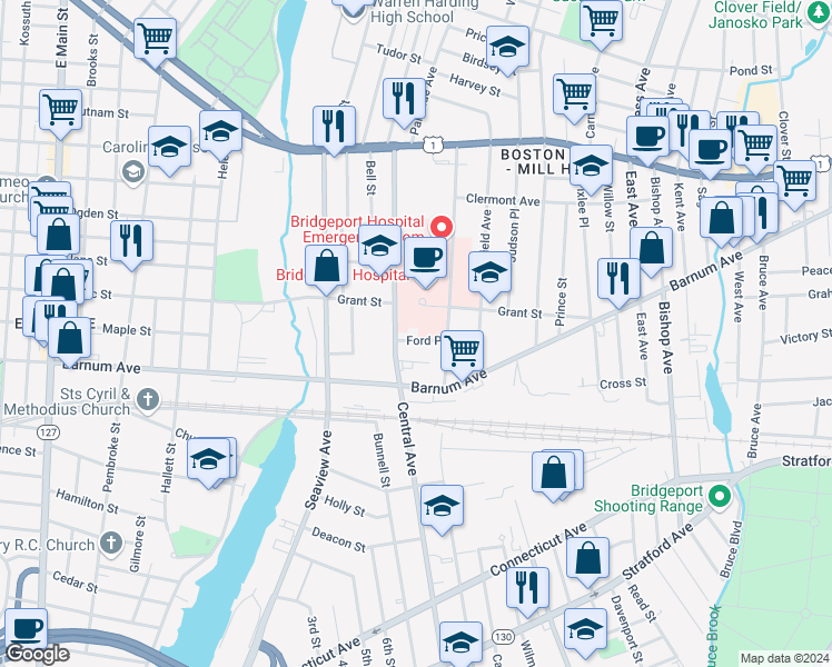 map of restaurants, bars, coffee shops, grocery stores, and more near 300 Grant Street in Bridgeport