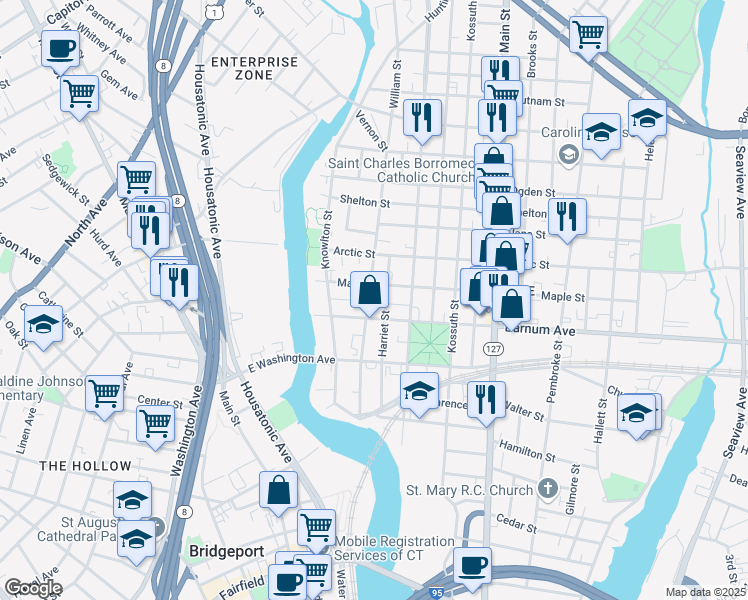 map of restaurants, bars, coffee shops, grocery stores, and more near 117 Maple Street in Bridgeport