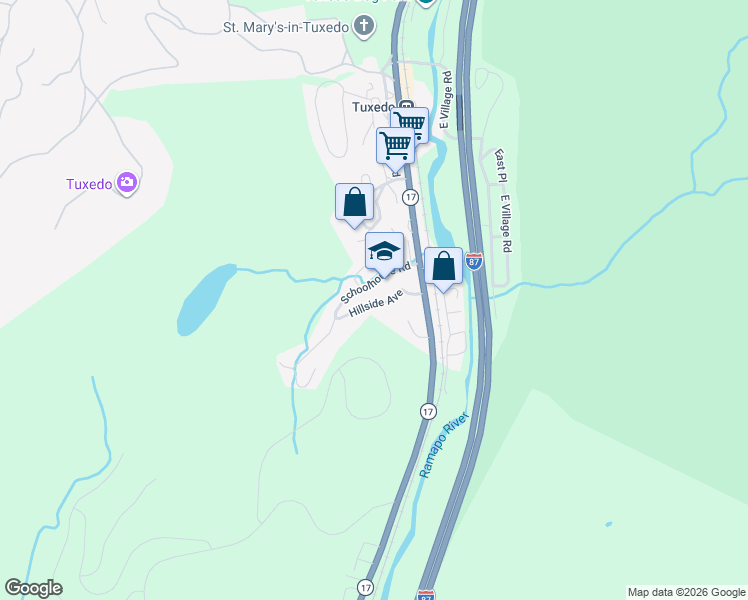 map of restaurants, bars, coffee shops, grocery stores, and more near 19 Schoolhouse Road in Tuxedo Park