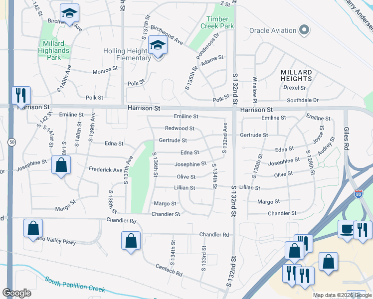 map of restaurants, bars, coffee shops, grocery stores, and more near 13411 Gertrude Street in Omaha