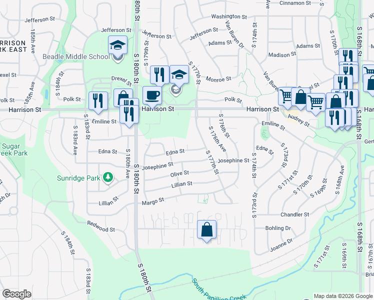 map of restaurants, bars, coffee shops, grocery stores, and more near 7111 177th Avenue Circle in Omaha