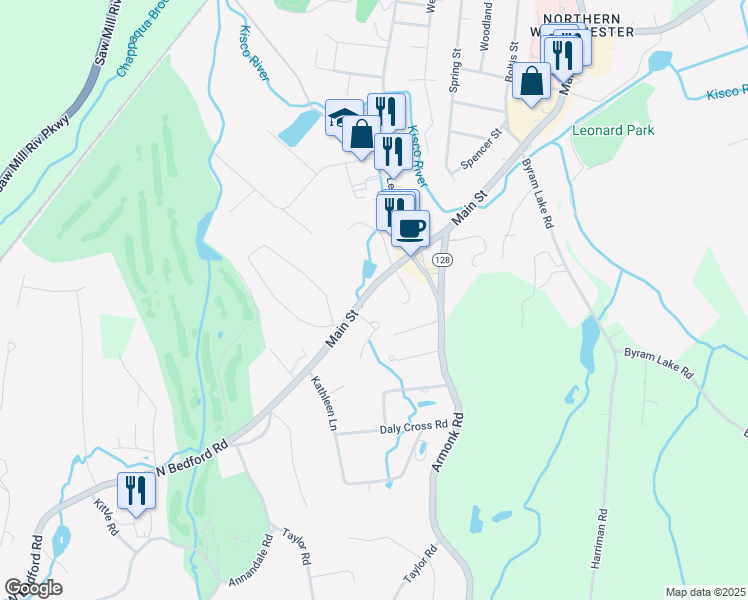 map of restaurants, bars, coffee shops, grocery stores, and more near 725 Main Street in Mount Kisco