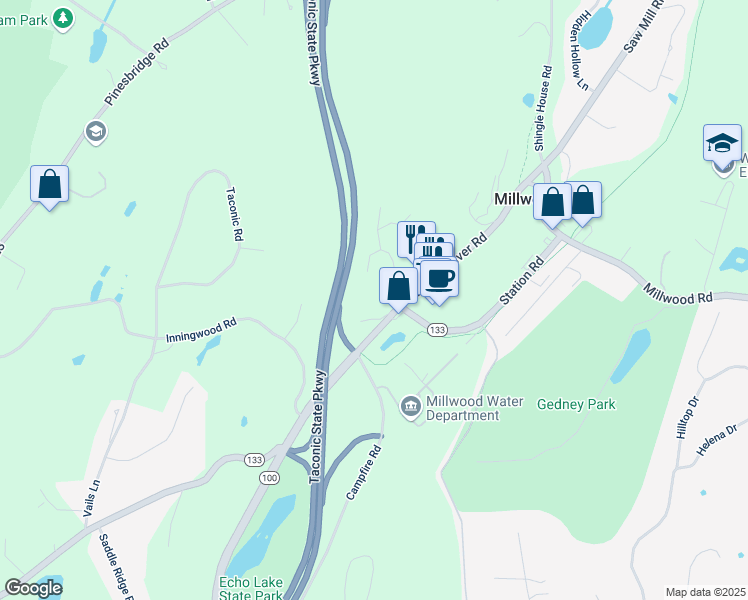 map of restaurants, bars, coffee shops, grocery stores, and more near 53 Touchstone Way in Millwood
