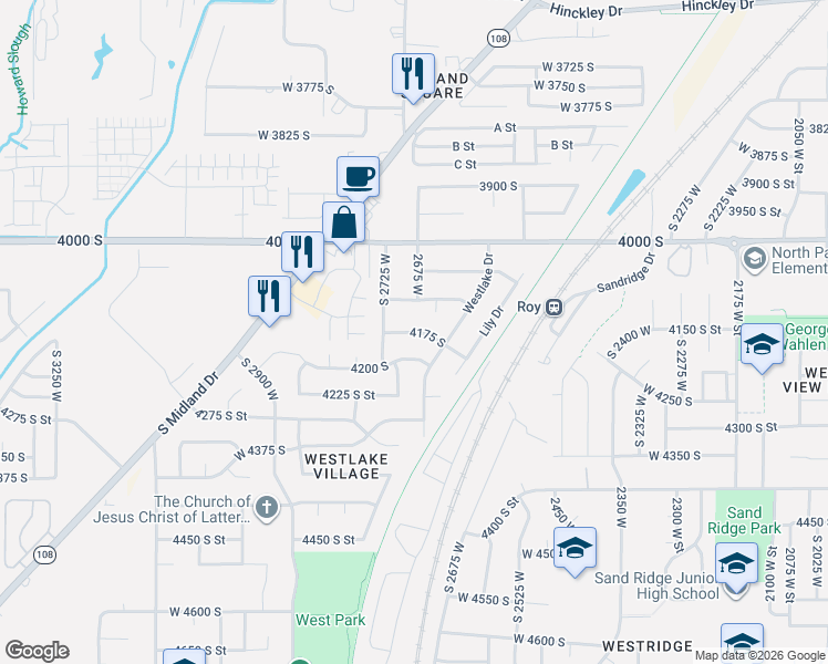 map of restaurants, bars, coffee shops, grocery stores, and more near 2278 West 4175 South in Roy
