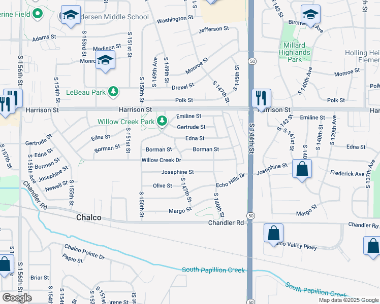 map of restaurants, bars, coffee shops, grocery stores, and more near 14711 Borman Street in Omaha