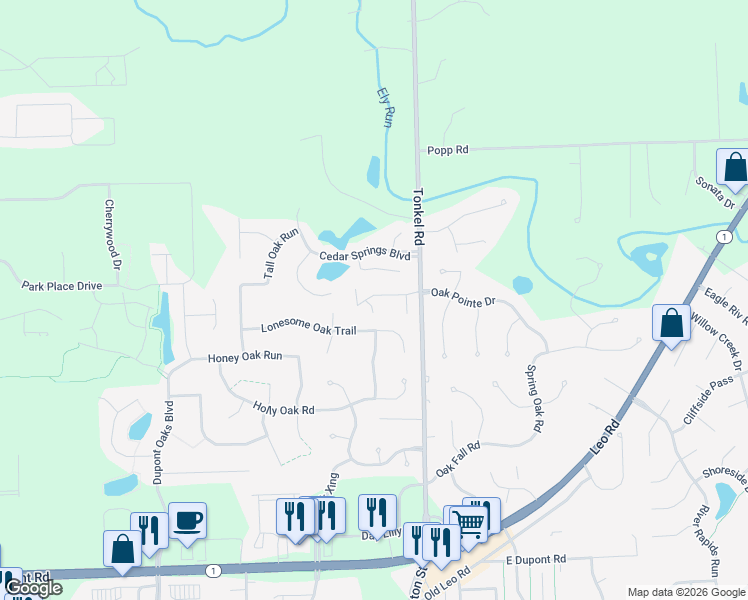 map of restaurants, bars, coffee shops, grocery stores, and more near 5416 Cedar Cove in Fort Wayne