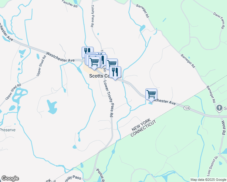 map of restaurants, bars, coffee shops, grocery stores, and more near 14 Lower Trinity Pass Road in Pound Ridge