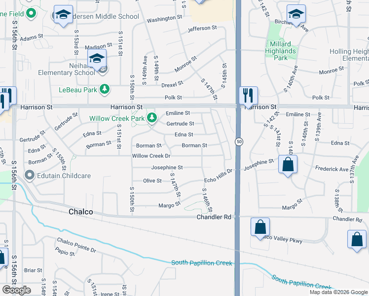 map of restaurants, bars, coffee shops, grocery stores, and more near 14712 Borman Street in Omaha