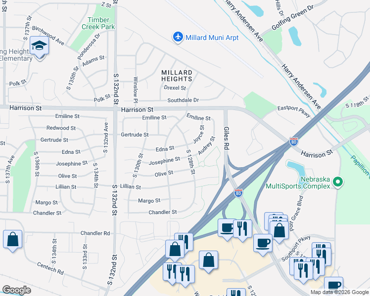 map of restaurants, bars, coffee shops, grocery stores, and more near 12812 Edna Street in Omaha