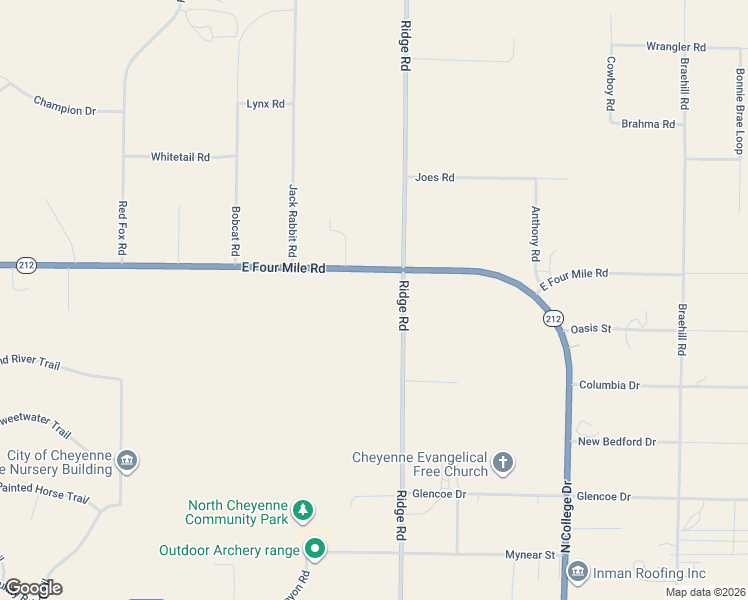 map of restaurants, bars, coffee shops, grocery stores, and more near 7604 Ridge Road in Cheyenne